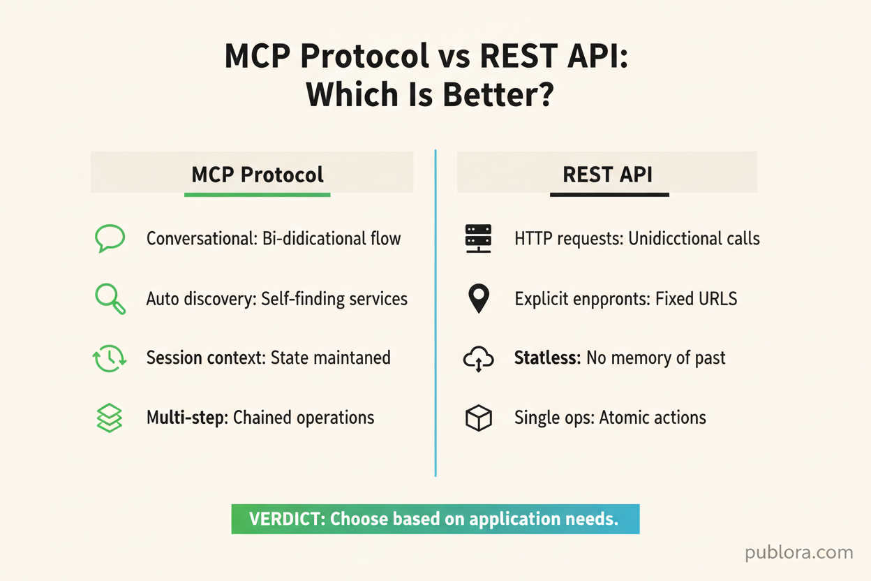 Side-by-side comparison of MCP Protocol versus REST API showing conversational vs HTTP, auto discovery vs explicit endpoints, session vs stateless