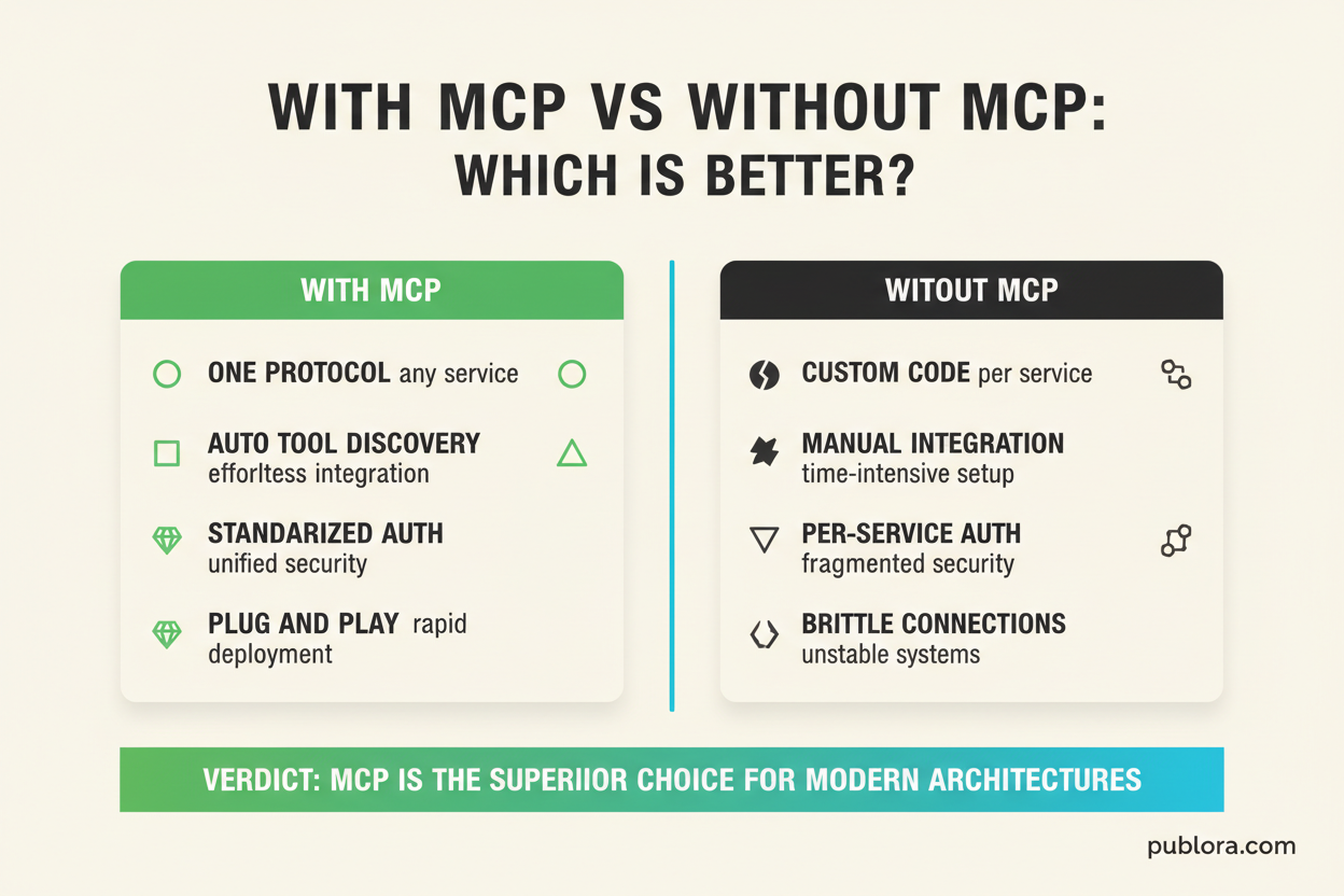 Comparison infographic showing MCP with standardized auth and auto discovery versus traditional API integration with custom code per service