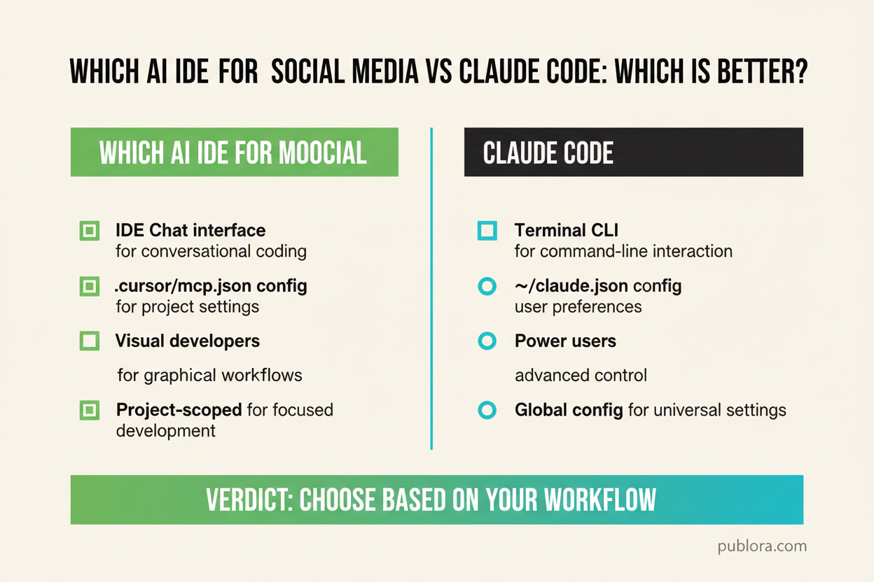 Comparison chart of Cursor vs Claude Code vs Windsurf for social media management showing interface type, config format, and best use case for each