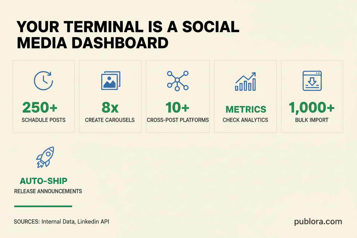 Dashboard infographic showing 6 social media features available from the terminal: schedule posts, create carousels, cross-post, check analytics, bulk import, auto-ship