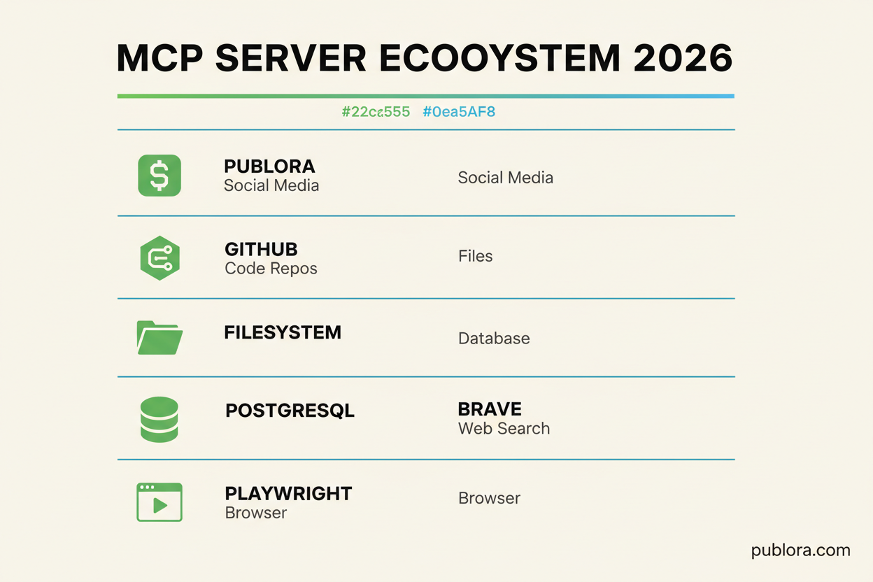 Data chart showing the MCP server ecosystem in 2026 with Publora for social media, GitHub for repos, Filesystem, PostgreSQL, Brave Search, and Playwright