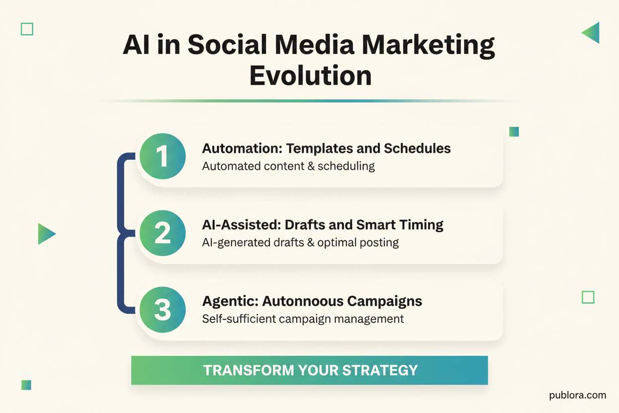 Timeline showing evolution of AI in social media: 2020-23 Automation era, 2023-25 AI-Assisted era, 2025-27 Agentic era with autonomous campaigns