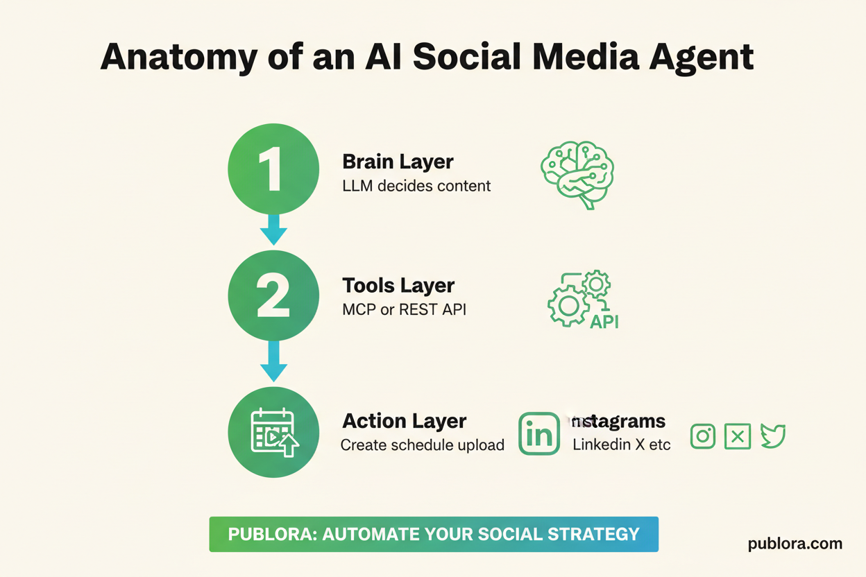 Layered architecture diagram of an AI social media agent showing brain layer with LLM, tools layer with MCP/API, action layer, and platforms layer