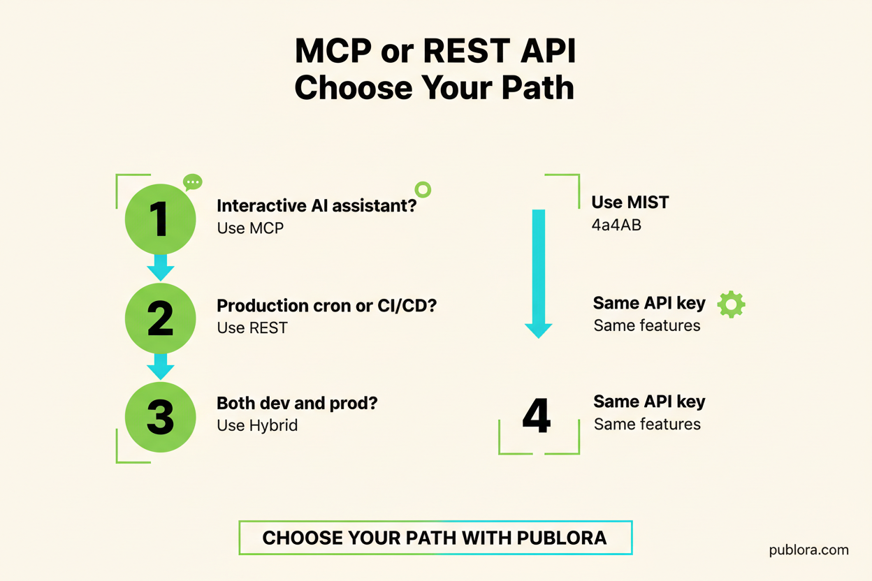 Decision flowchart for choosing between MCP and REST API: interactive AI use MCP, production cron use REST, both use hybrid approach