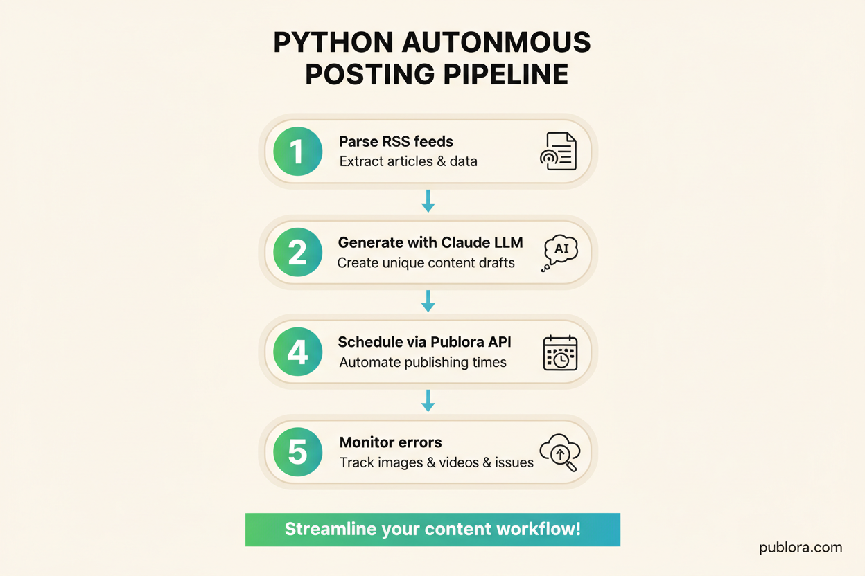Pipeline diagram showing autonomous posting flow: Parse RSS feeds, generate with Claude LLM, schedule via Publora API, upload media, monitor errors