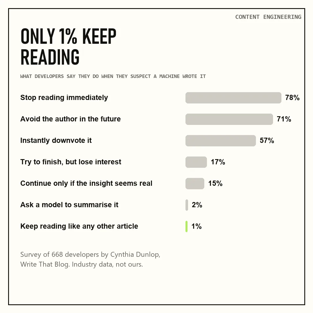 Survey on AI-generated posts: 78 percent of 668 developers stop reading and 71 percent avoid the author