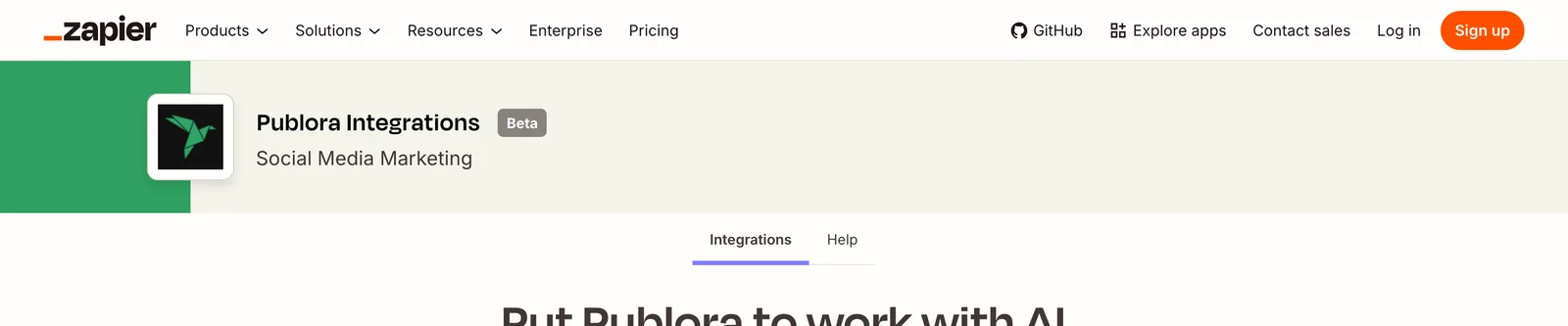 The Publora app page on Zapier, marked Beta under the Social Media Marketing category