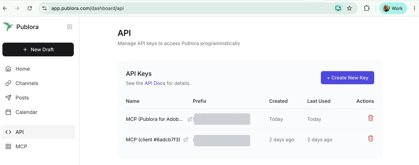 The API page in the Publora dashboard, with the API Keys list and the Create New Key button