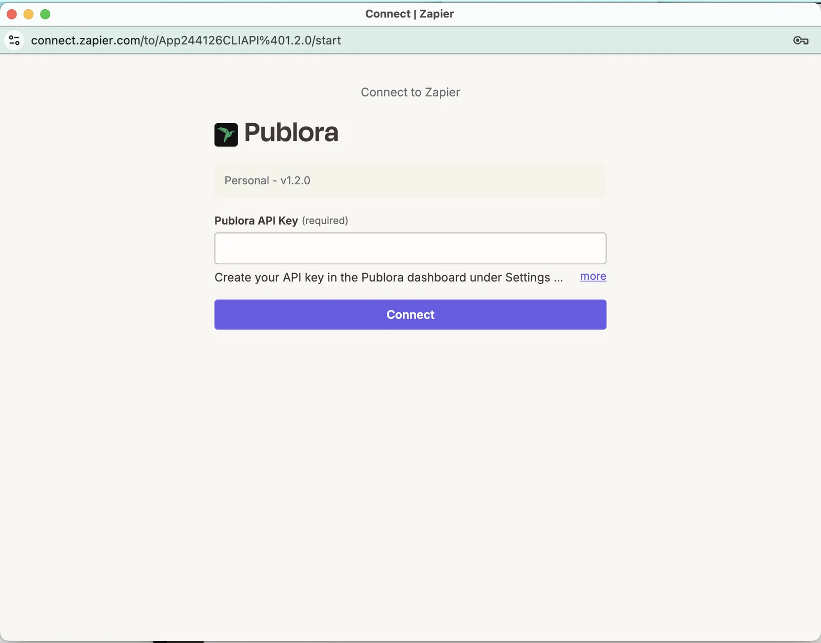 The Zapier connection window with the Publora API Key field