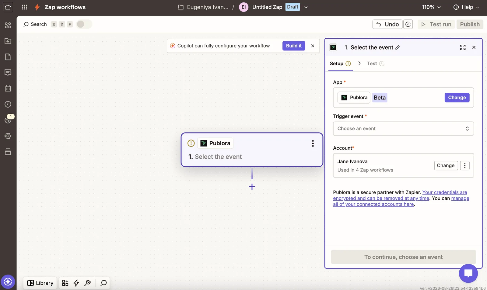 A connected Publora account in the Zap editor, in use by four Zap workflows