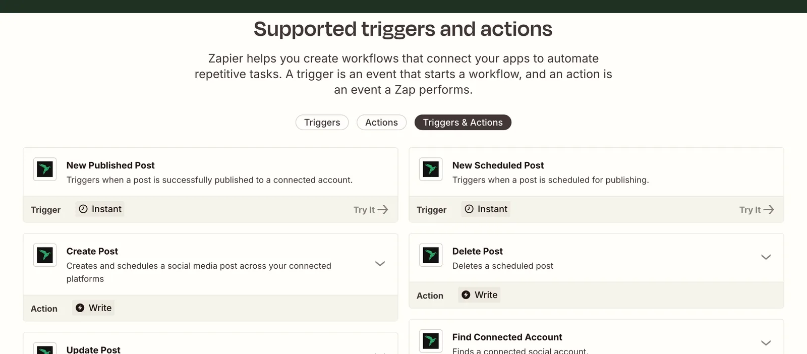 The New Published Post and New Scheduled Post triggers, both marked Instant, next to the Create Post and Delete Post actions