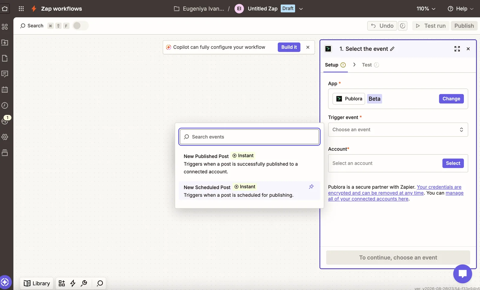 Choosing a Publora trigger event in the Zap editor
