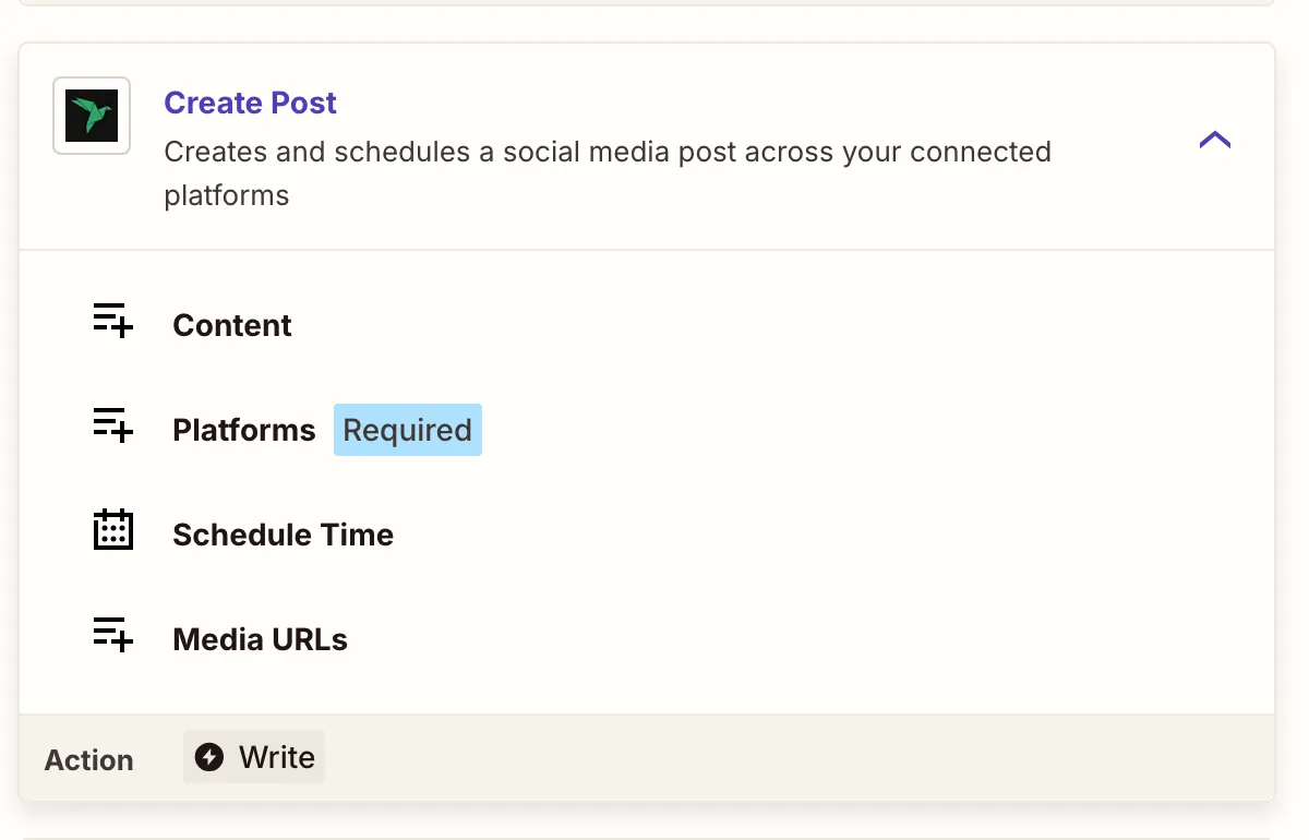 The Create Post action expanded, showing the Content, Platforms, Schedule Time and Media URLs fields
