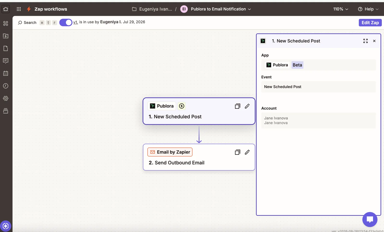 A live two-step Zap: New Scheduled Post in Publora followed by Send Outbound Email