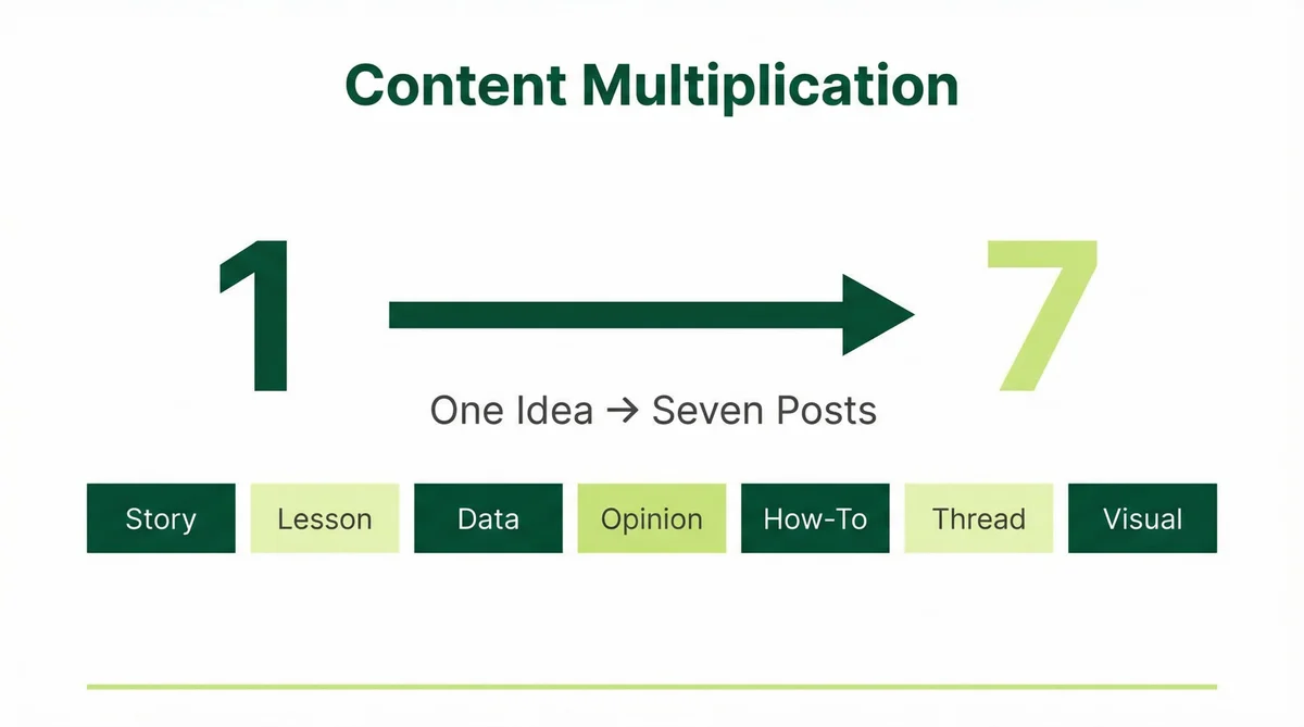 Content multiplication system diagram showing how one pillar idea transforms into 7 LinkedIn posts