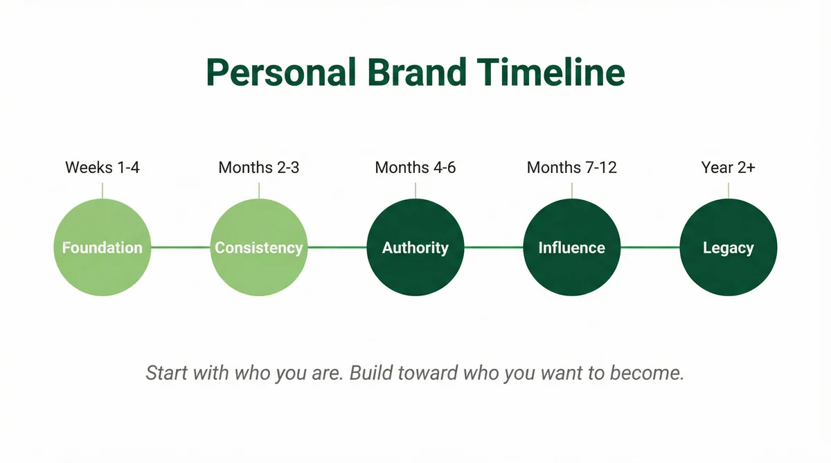 Timeline infographic showing personal brand building phases from weeks 1-4 through year 1-2