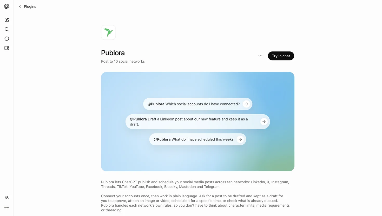 The Publora page in the ChatGPT plugin directory with its three starter prompts