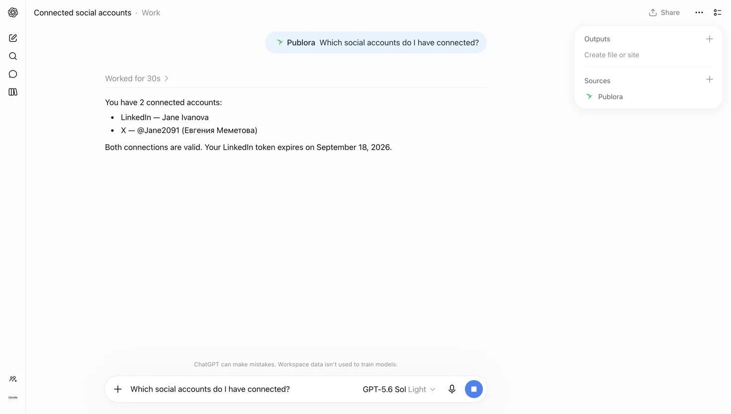 Publora listing the connected social accounts and their token state inside ChatGPT