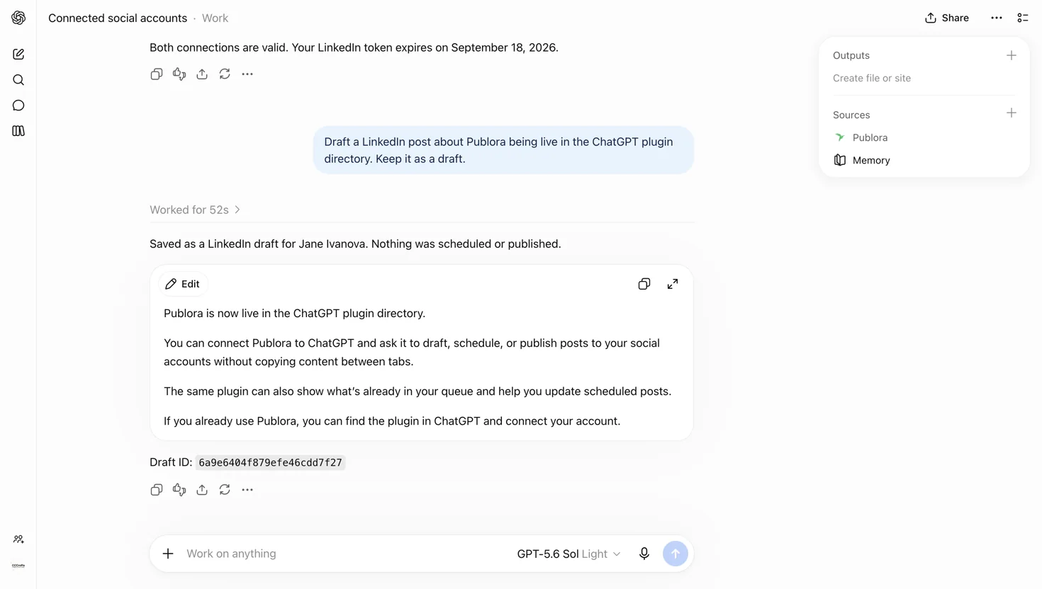 ChatGPT saving a LinkedIn draft through Publora and returning the post id