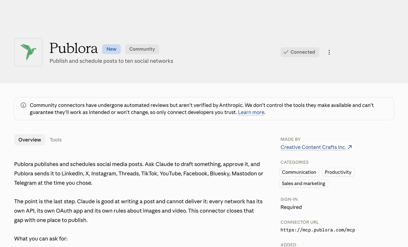 The Publora listing in the Claude connectors directory with its Connect button