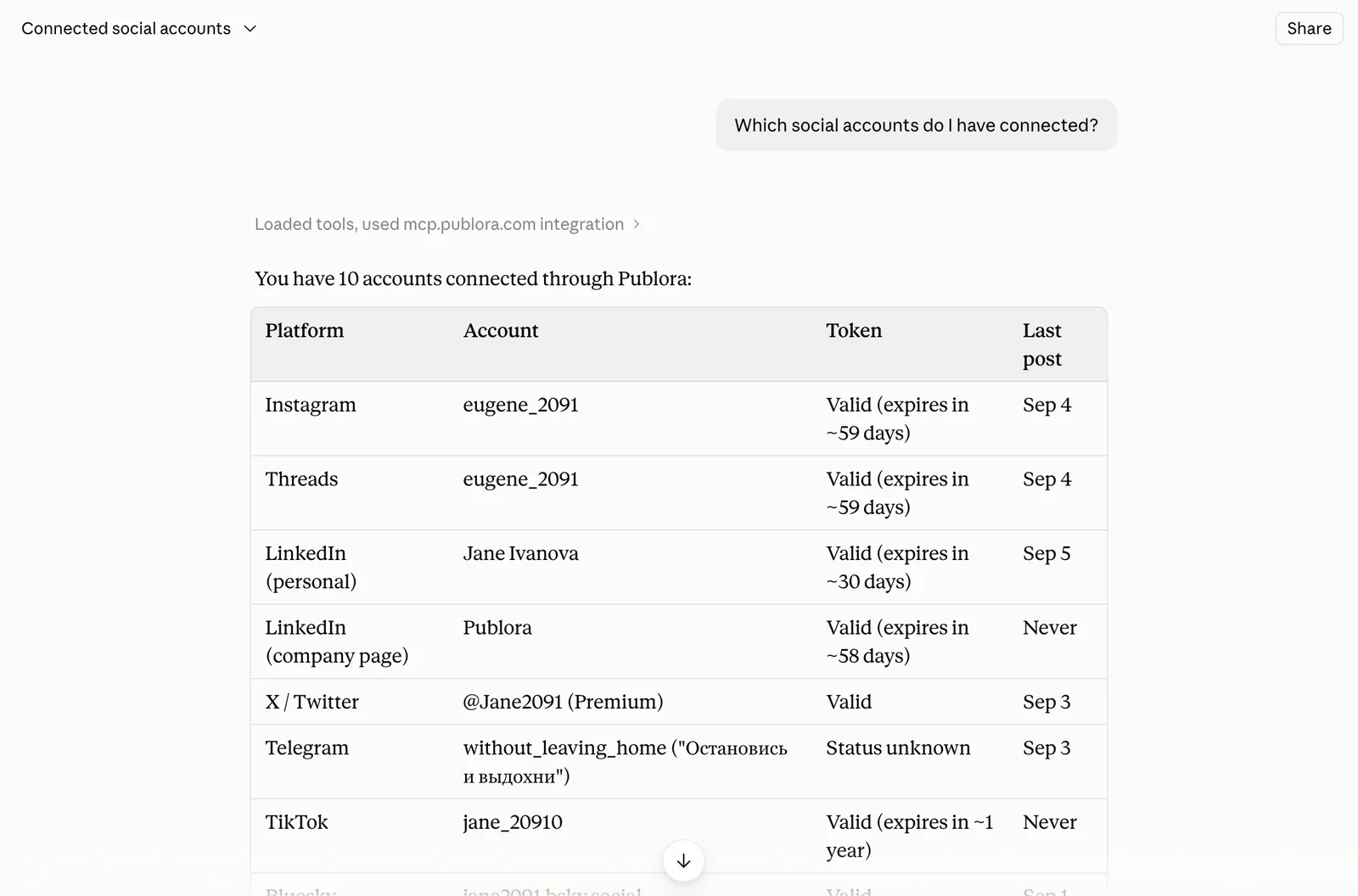 Claude listing the connected social accounts and their token expiry through Publora