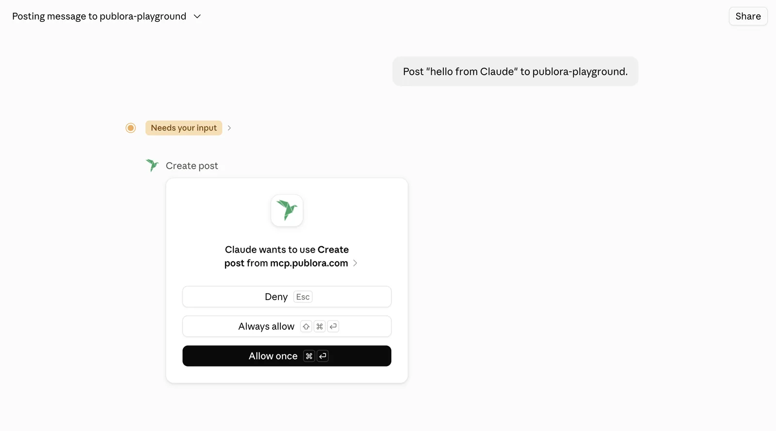 Claude asking permission to use the Create post tool from Publora, per tool not per connector