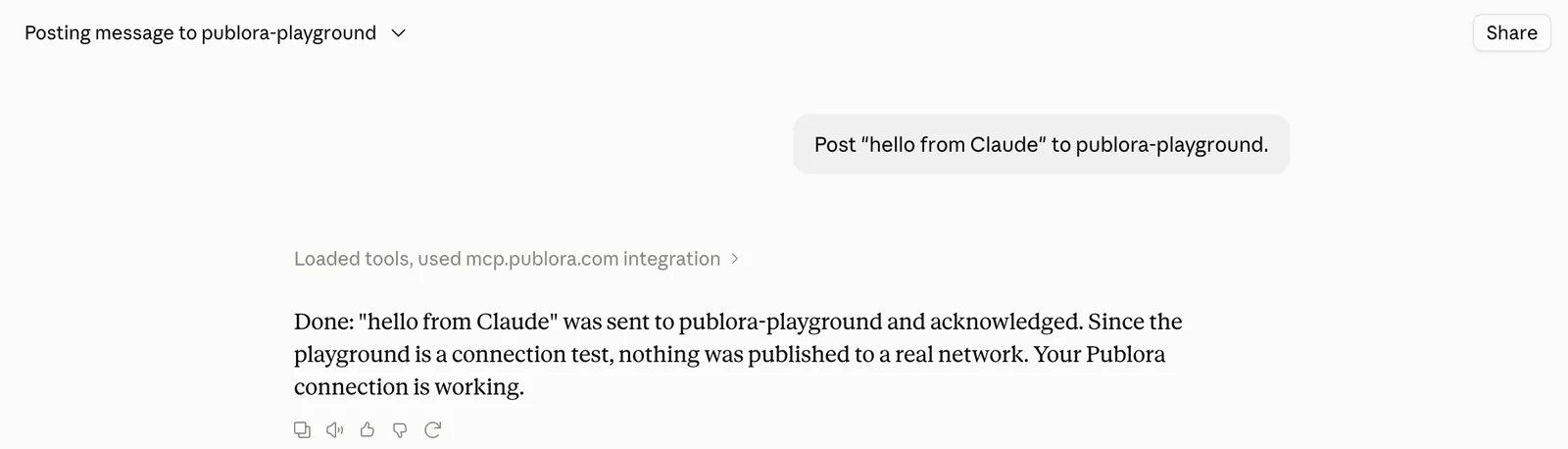 Claude posting to the publora-playground target and reporting nothing reached a real network