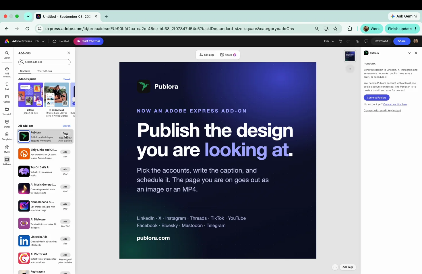 The Publora panel in Adobe Express before signing in, showing the free plan terms