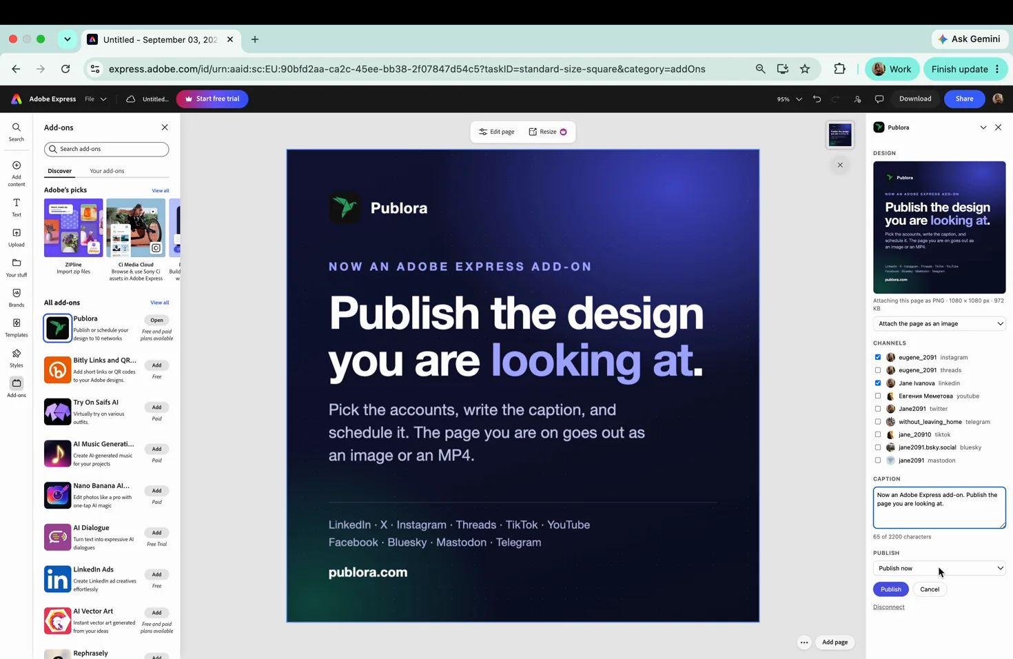 The Publora panel with a rendered preview, Instagram and LinkedIn ticked, and a caption written