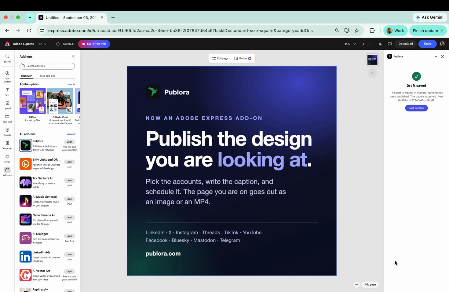 The confirmation screen in Adobe Express after saving a Publora draft, showing the post id