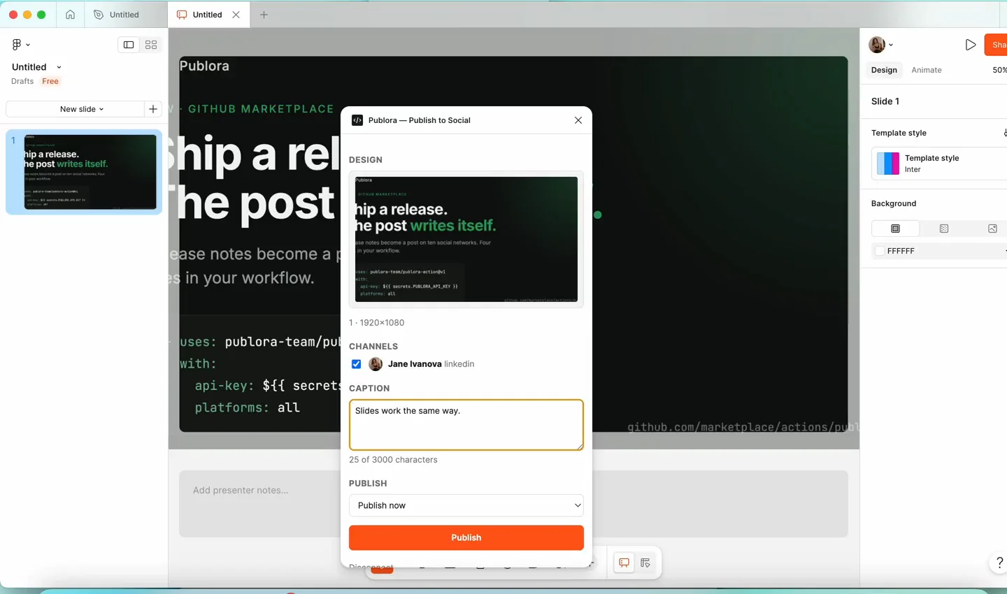 The Publora plugin panel running inside Figma Slides with its orange publish button