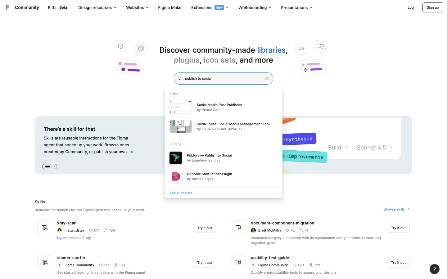 The Figma Community search box with publish to social typed in, seen signed out