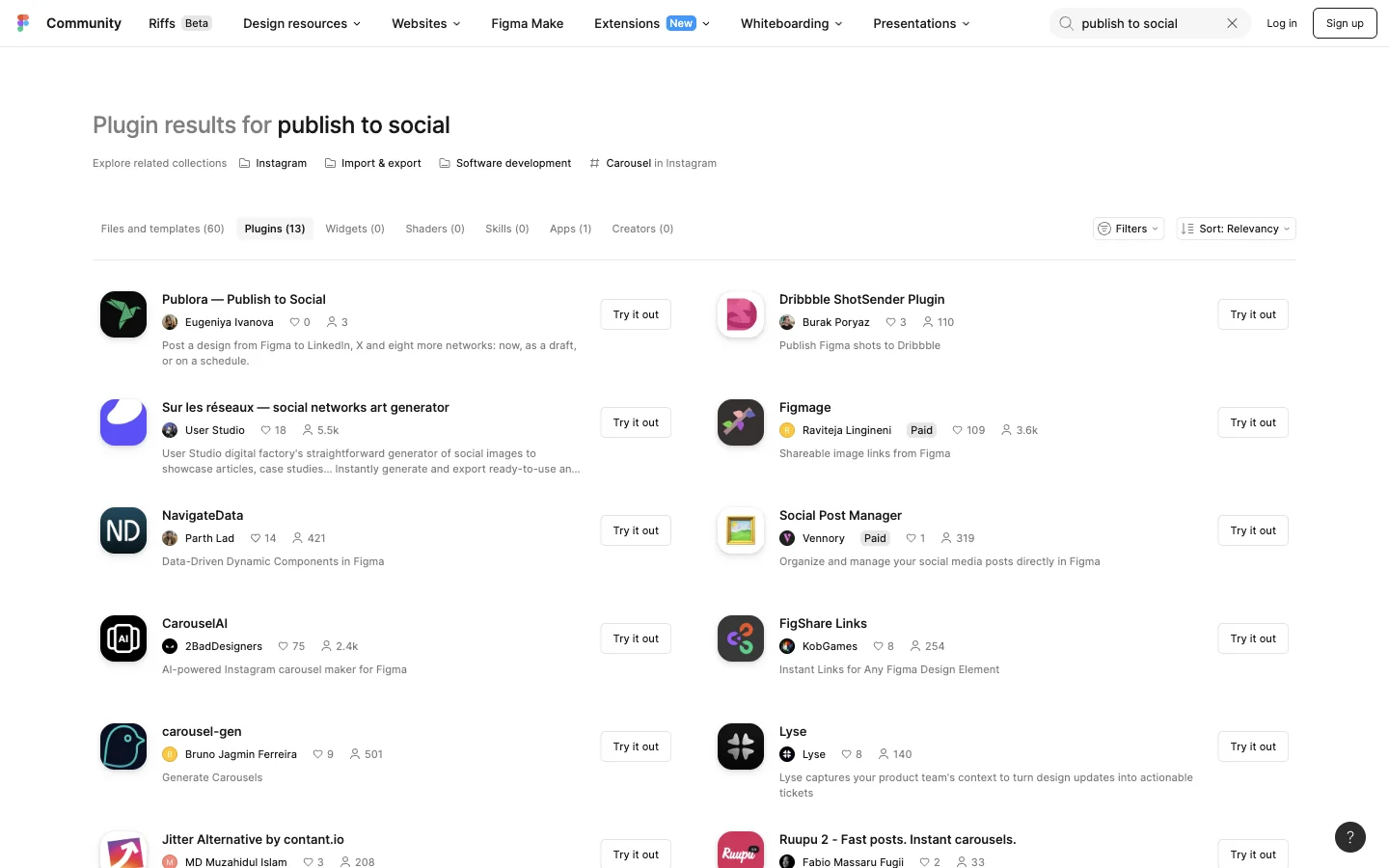 The Plugins tab of the Figma Community search with Publora first of thirteen results