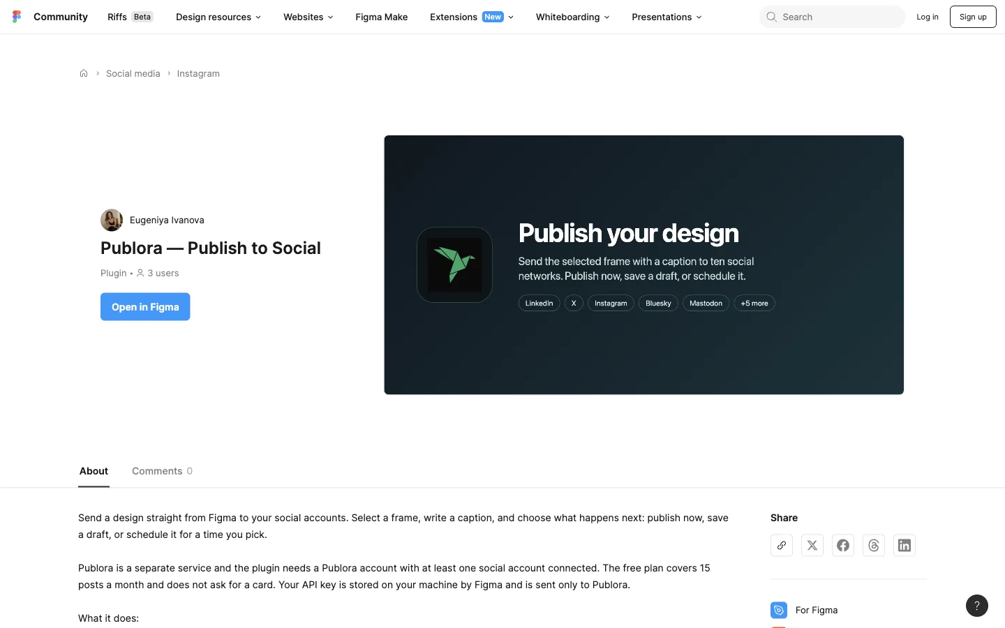 The Publora plugin listing in the Figma Community with its Open in Figma button