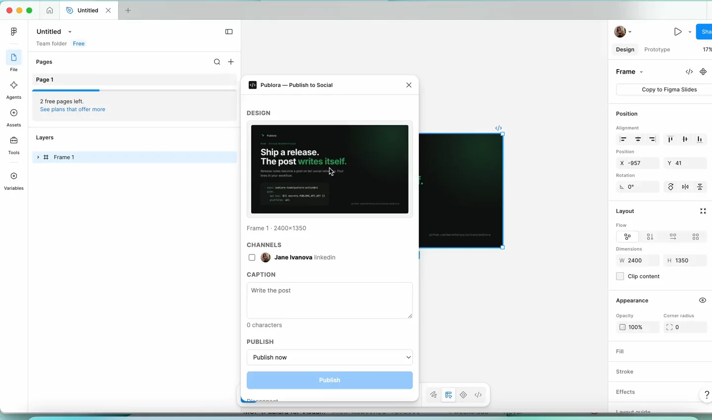 The Publora plugin panel in Figma with no frame selected and an empty caption box