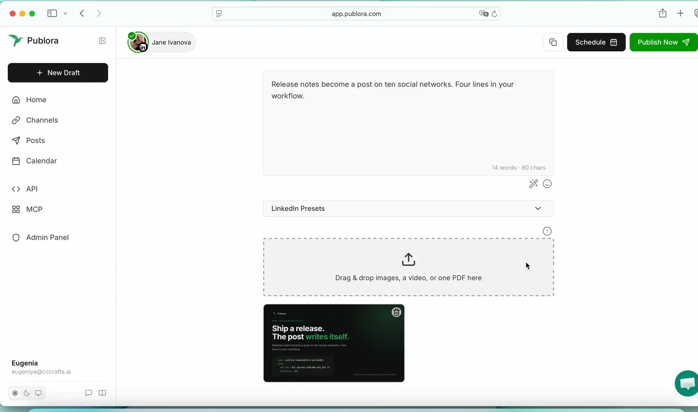 The finished draft in the Publora dashboard with the exported Figma frame attached