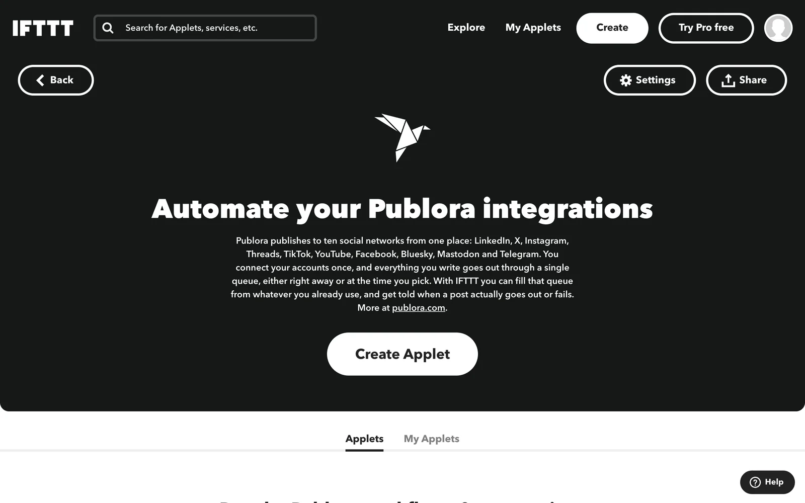 The Publora service page on IFTTT with the Create Applet button and the Applets tab