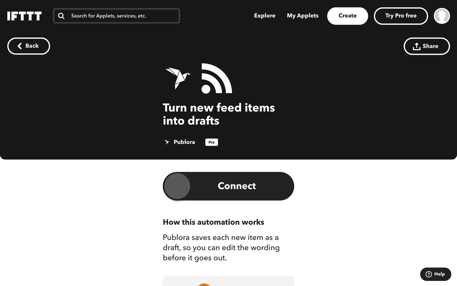 An IFTTT applet page for turning new feed items into Publora drafts, with its Connect toggle