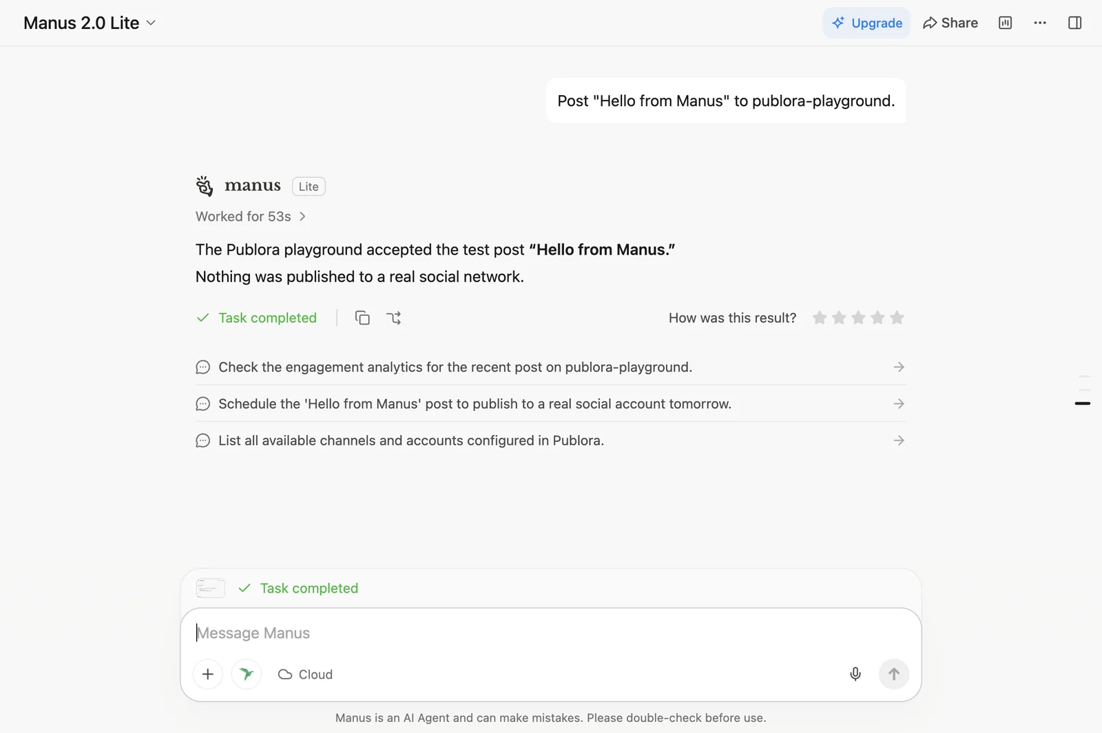 Manus sending a test post to the Publora playground target, which is discarded