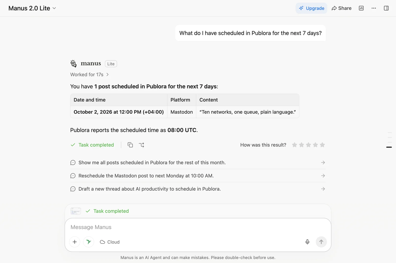 Manus showing the Publora posts scheduled for the next seven days as a table