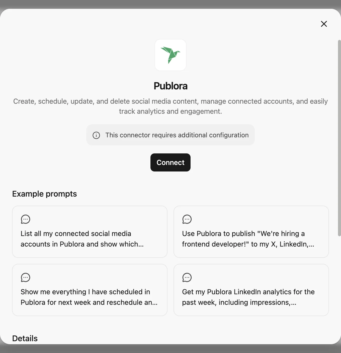 The Publora connector card in Manus with its Connect button