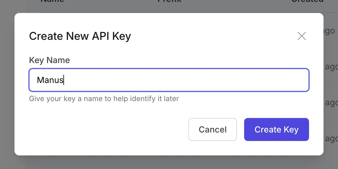 Creating a new API key on the API page in Publora