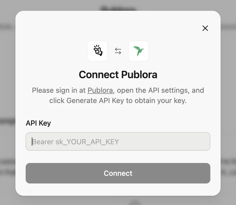 The Connect Publora window in Manus asking for an API key