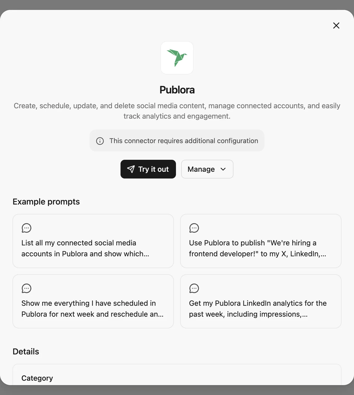 The Publora connector card in Manus after connecting, showing Try it out and Manage