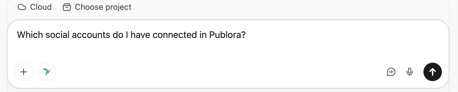 The Manus message box with the Publora connector switched on for this chat