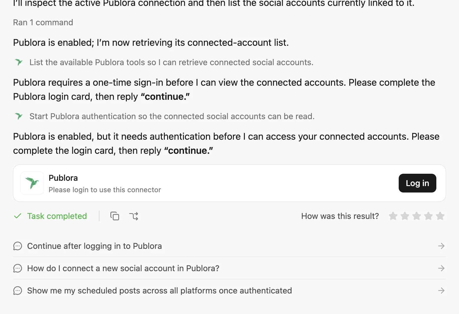 Manus asking you to log in to Publora before the first request