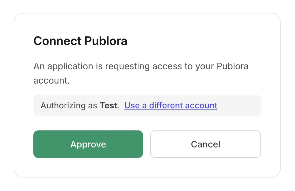 Publora's consent screen naming the account Manus will publish through