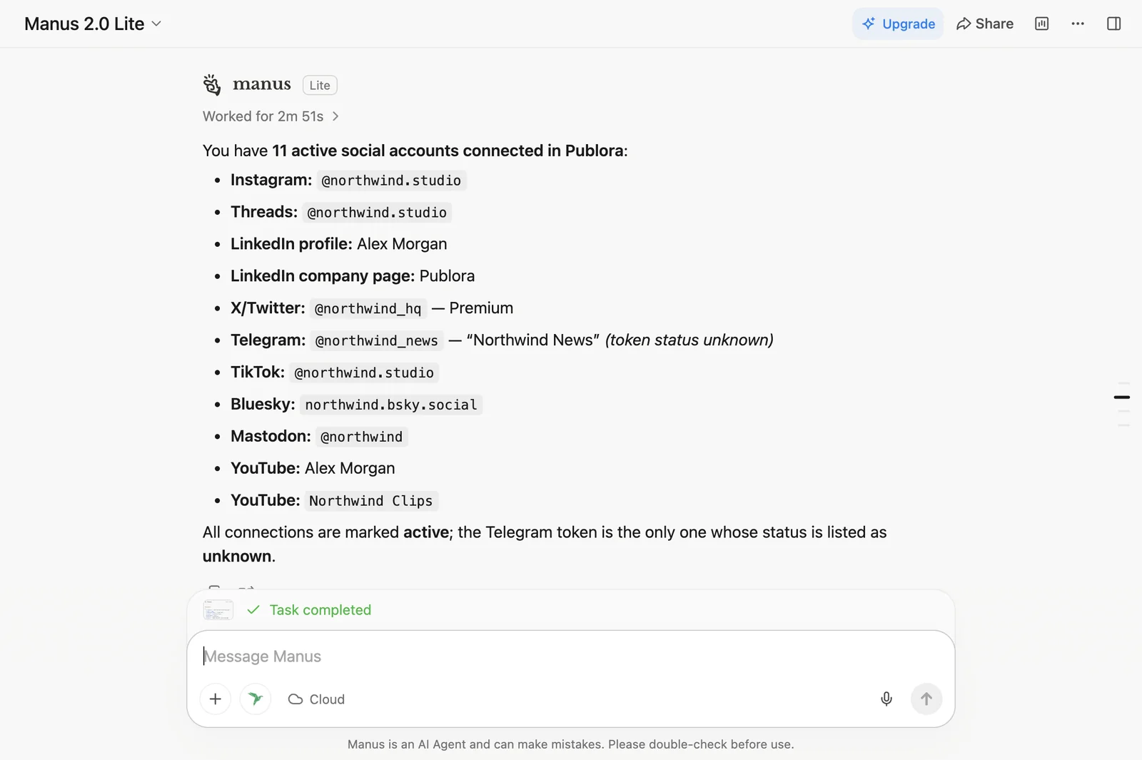 Manus listing the social accounts connected in Publora