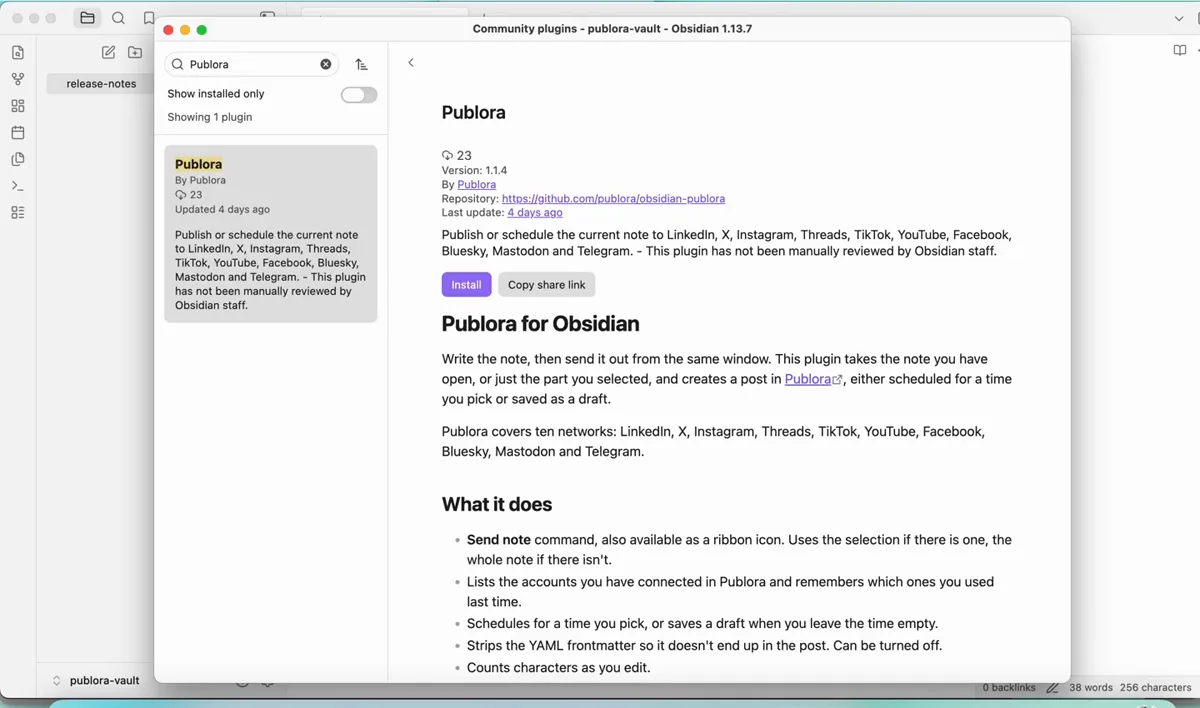 Obsidian community plugin catalogue showing the single Publora result