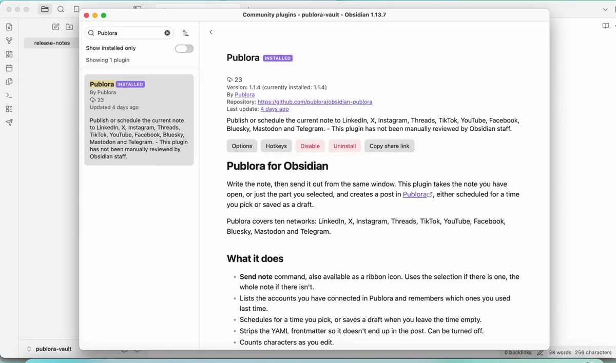 The Publora plugin installed in Obsidian, showing the Options and Disable buttons